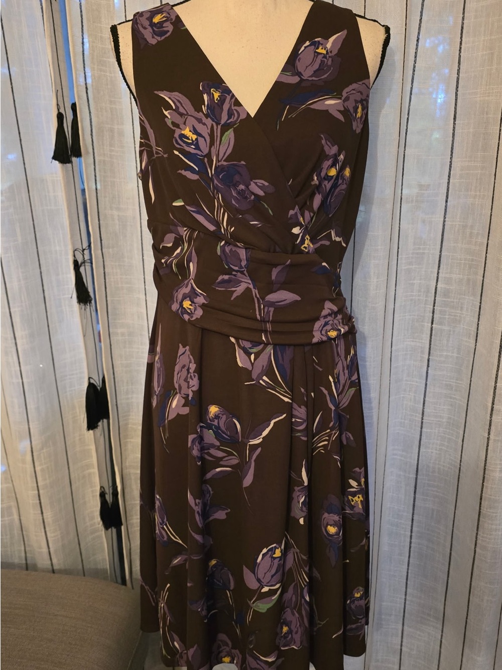 Ralph Lauren Brown Midi Dress with Purple Floral Print